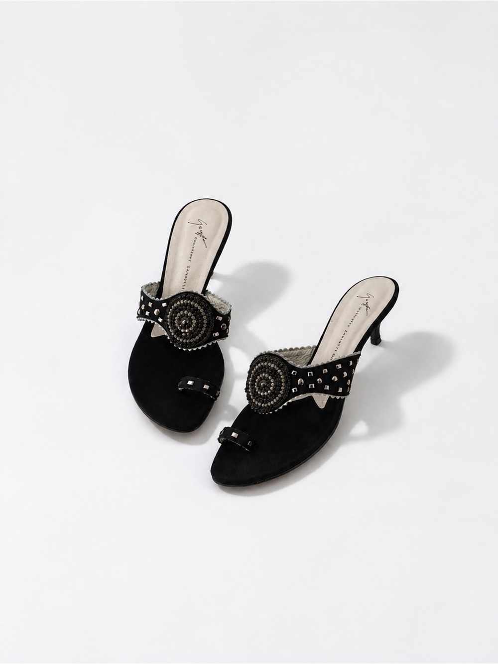 Vintage Giuseppe Zanotti Black Beaded Studded Kitten Heel Mules w BOX!!